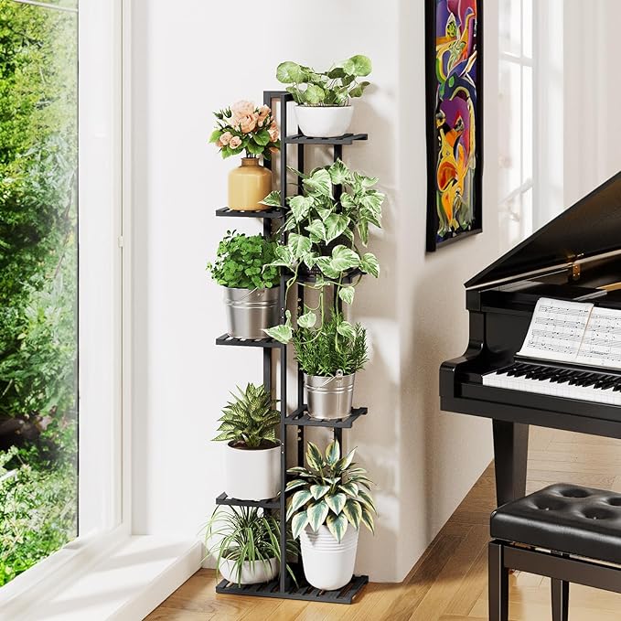 ROSSNY Plant Stand Indoor, 7 Tier 8 Potted Bamboo Plant Stands for Indoor Plants, Corner Plant Stand, Tiered Plant Stands, Plant Shelf For Indoor, 55 Inch Tall Planter Holder for Multiple Plants Indoor, Black