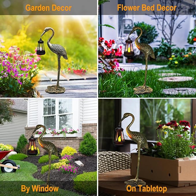 Solar Garden Statue Crane Figurine, Outdoor Hanging Solar Lanterns, Blue Heron Sculpture Statue for Patio, Yard, Lawn, Porch, Garden Decor for Outside Gifts for Christmas Mom, Women, Mother's Day