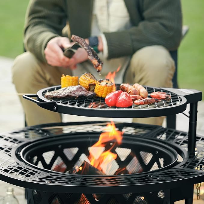 BALI OUTDOORS Fire Pit with Poker, 32 inch Outdoor Fire Pit Patio, Wood Burning Firepits for Outside with Grill