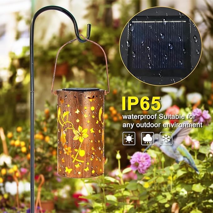 2 Pack Hummingbird Solar Lanterns Outdoor Hanging Lantern Lights, Hollowed-Out Metal Decor Lantern