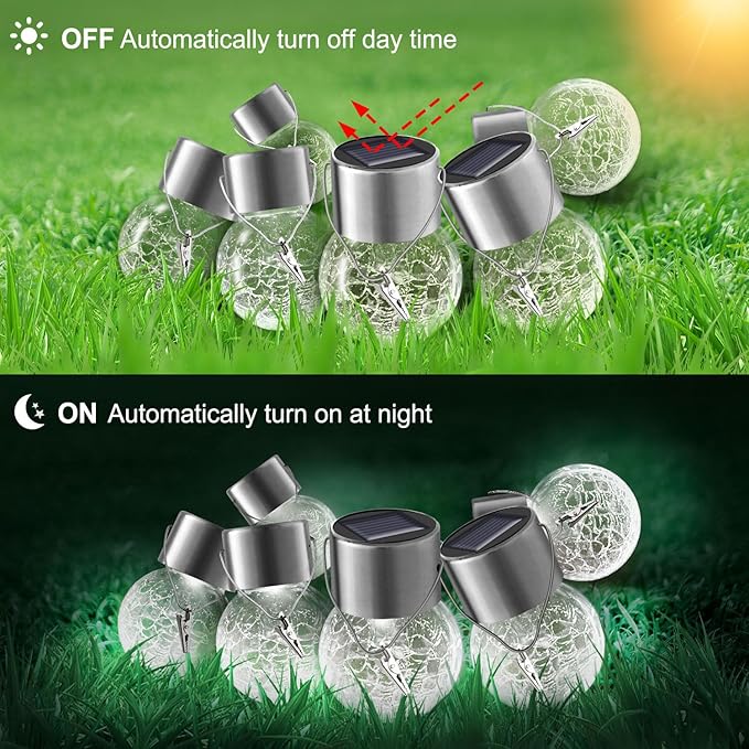 PARTPHONER 32 Pack Hanging Solar Lights Outdoor, Waterproof Solar Globe Lantern with Handle and Clip, Decorative Cracked Glass Ball Lights for Christmas Decor, Tree, Yard, Garden, Patio (Cold White)