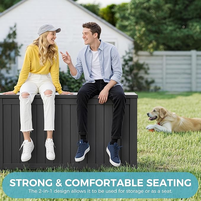 NUNU LAB 150 Gallon Outdoor Storage Box,Resin Large Sturdy Deck Box, Backyard Outside Storage Box Waterproof with Double Wall Panels,Package Delivery Garden Outdoor Hose Storage Bin