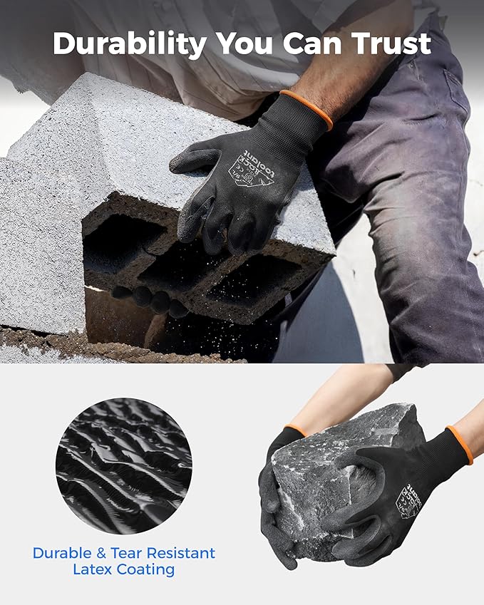 toolant Crinkle Latex Work Gloves Bulk, Rubber Coated Safety Work Gloves for Men and Women, 12 Pairs for Construction, Gardening, Warehouse (Black, Medium)