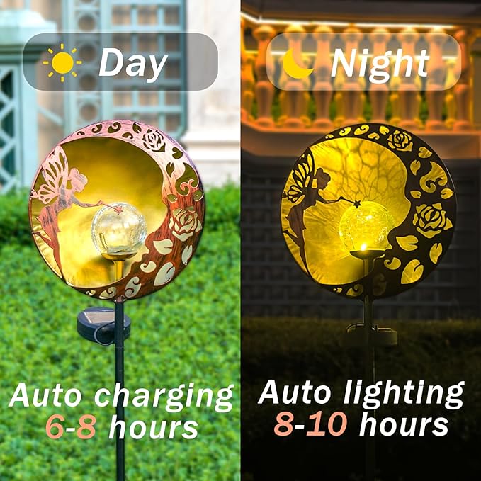 Fairy Solar Garden Light, Decorative Outdoor Statue, Moon Star Decor Stake, Metal Sculpture Decoration for Yard, Lawn, Patio, Pathway, Housewarming, Birthday Gift for Mom, Grandma, Women