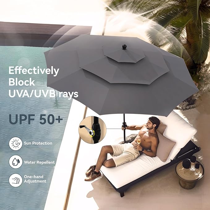 PHI VILLA 10ft Outdoor Patio Umbrellas for Outside, 3 Tier Vented Market Table Umbrella Windproof for Backyard, Deck, Garden, 1.5" Pole, Grey（No Base）