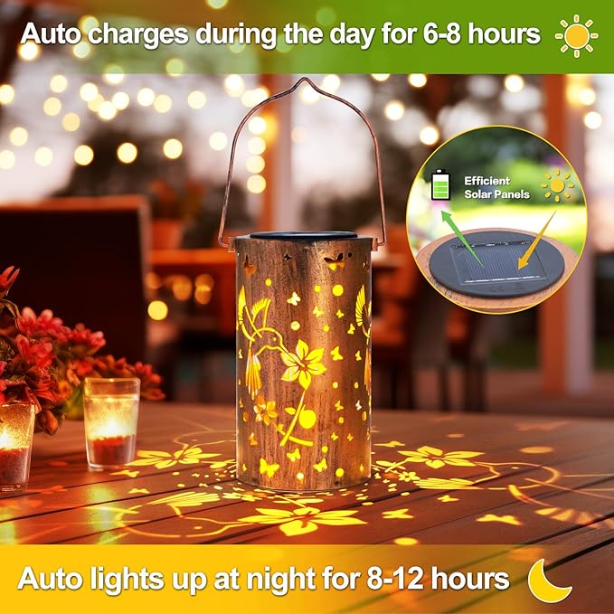 2 Pack Hummingbird Solar Lanterns Outdoor Hanging Lantern Lights, Hollowed-Out Metal Decor Lantern