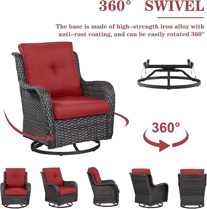 5 Piece Outdoor Patio Furniture Set - Wicker Furniture Patio Conversation Set, Outdoor Swivel Rocker Chairs with Loveseat Sofa and 2 Ottomans for Small Space, Red Cushion
