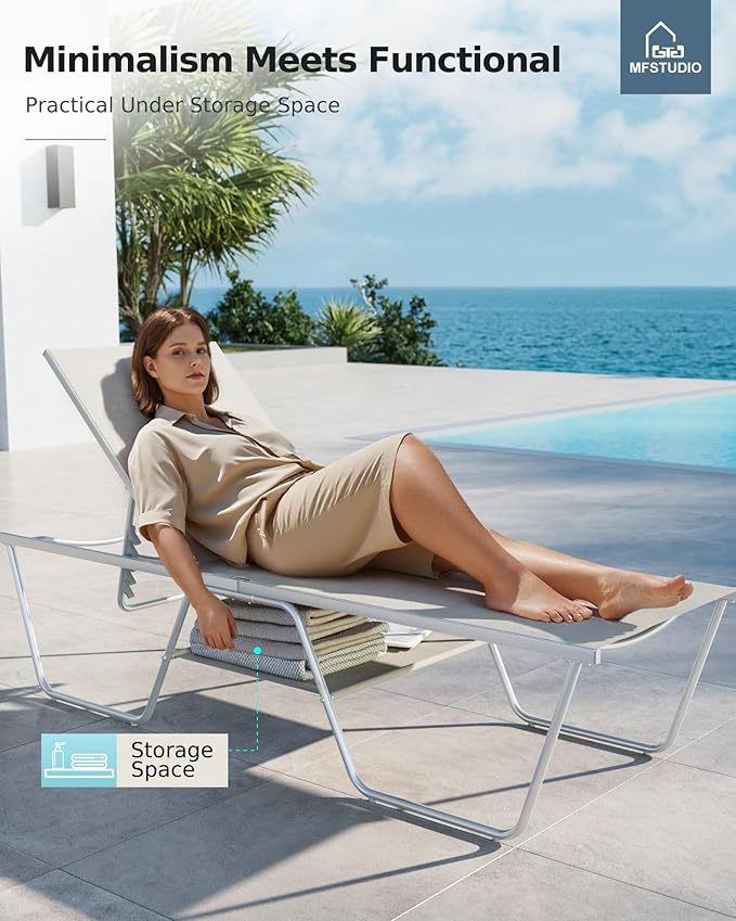 MFSTUDIO Outdoor Chaise Lounge Chairs of 2, Patio Recliner Lounge Chairs with 5 Adjustable Positions, Patio Pool Tanning Lounger Chairs, Textilene, All Weather Use