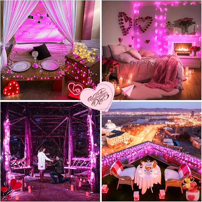 JMEXSUSS Connectable 100 LED Room Lights, 33ft 8 Modes Pink Christmas Lights Clear Wire, Plug in Pink String Lights Indoor Outdoor for Room Decor Christmas Tree Bedroom Valentines Party