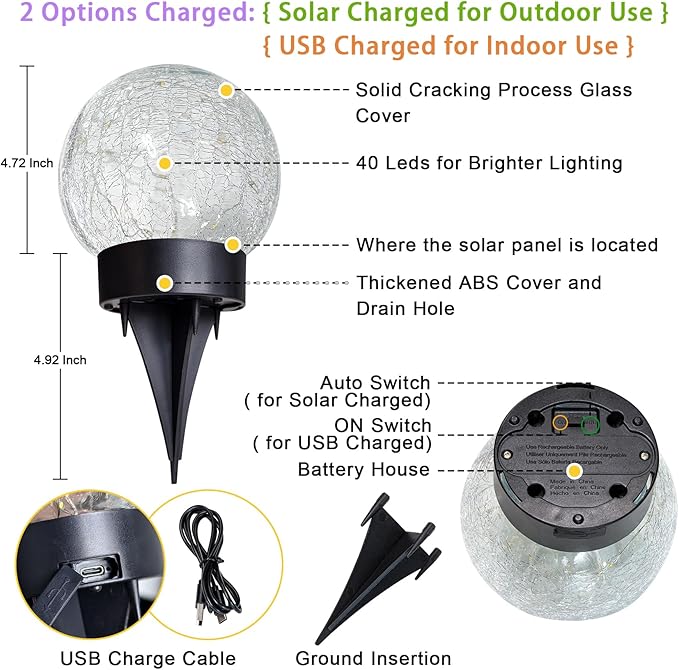 Beautyard Solar Globe Lights Outdoor Large Garden Decor USB Charged 4.72" Diameter 40LED 1000mAh Solar Cracked Glass Globe Lights for Outdoor Indoor Decor (4.72'' Large 2 Pack Colorful)