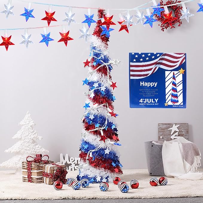 100 LED Red White and Blue Star Lights, 37FT 4th of July Star String Lights Plug in for Home Patio Garden Yard Memorial Day Independence Day Patriotic Decorations Outdoor, White Wire