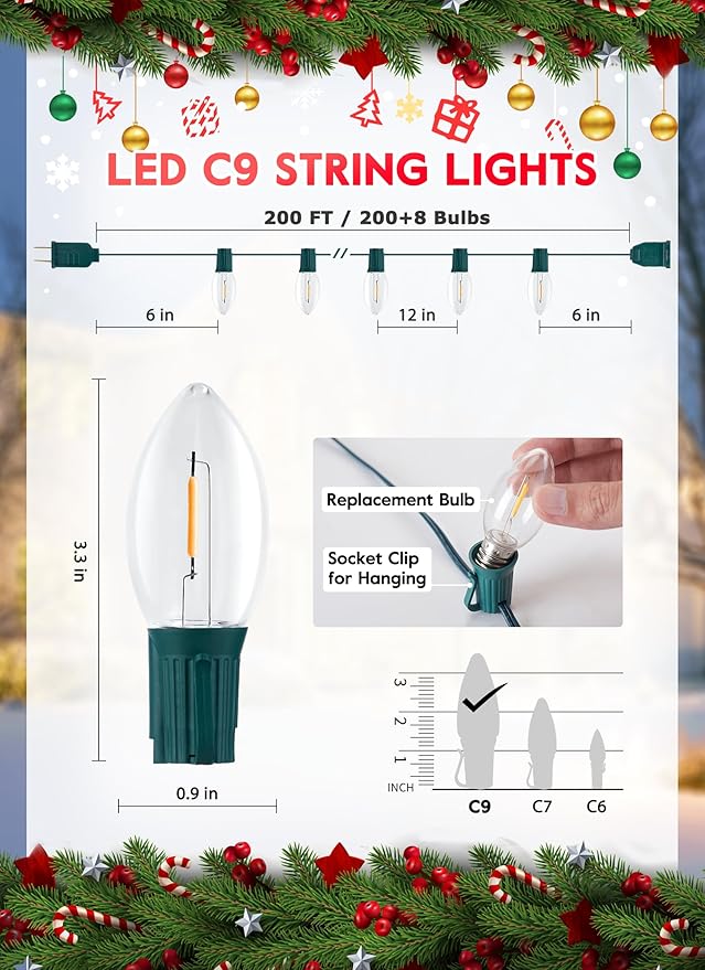 Vintage C9 LED Christmas Lights Outdoor, 200 Ft C9 String Lights with 200 Shatterproof Warm White Bulbs, Waterproof Connectable Christmas Tree Lights for Roofline Holiday Garden Party Xmas Decorations