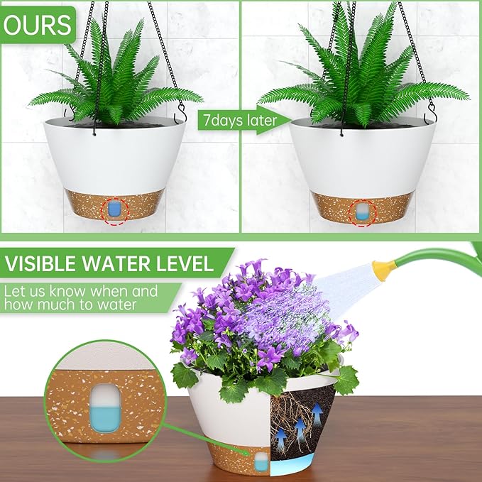ZMTECH Hanging Planters for Indoor Plants Set of 2 Self Watering Hanging Pots Hanging Baskets Hanging Flower Pots for Outdoor Hanging Plants(10 Inch, White)