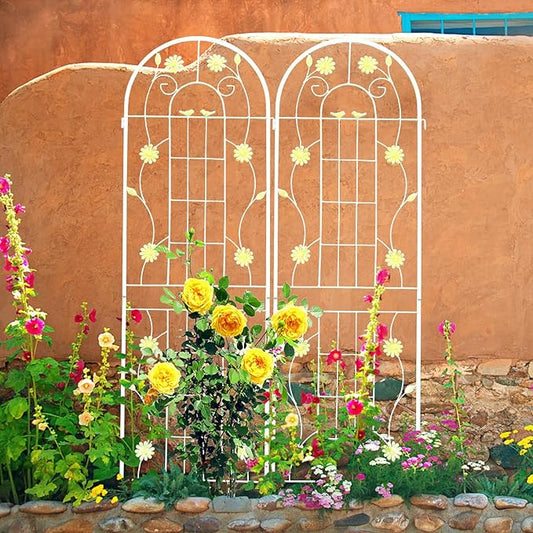 2 Pack Metal Garden Trellis for Climbing Plants 71" H Cream White Garden Fence Rustproof Trellis Support Roses Flower Outdoor Lawn, Cream White