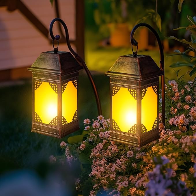14" Solar Lanterns Outdoor Waterproof, Glass Flickering Flame Solar Lantern, Hanging Metal Lantern Decorative for Patio Front Porch Garden Backyard Tabletop Party Decoration