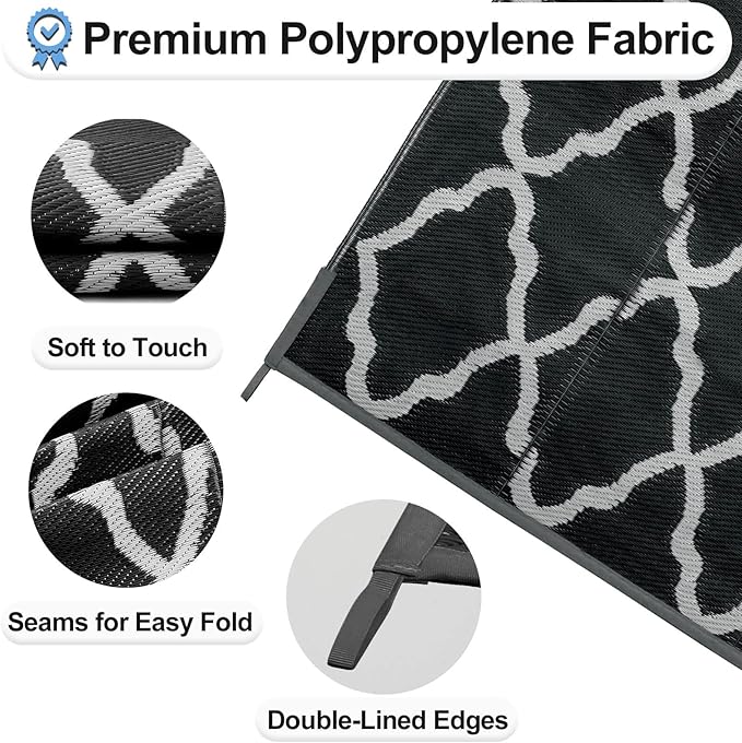 OutdoorLines Outdoor Plastic Area Rugs for Patio 4x6 ft - Reversible Outside Carpet, Stain & UV Resistant RV Mats, Straw Rug for Camping, Deck Garden, Porch and Balcony, Moroccan Black & Light Grey
