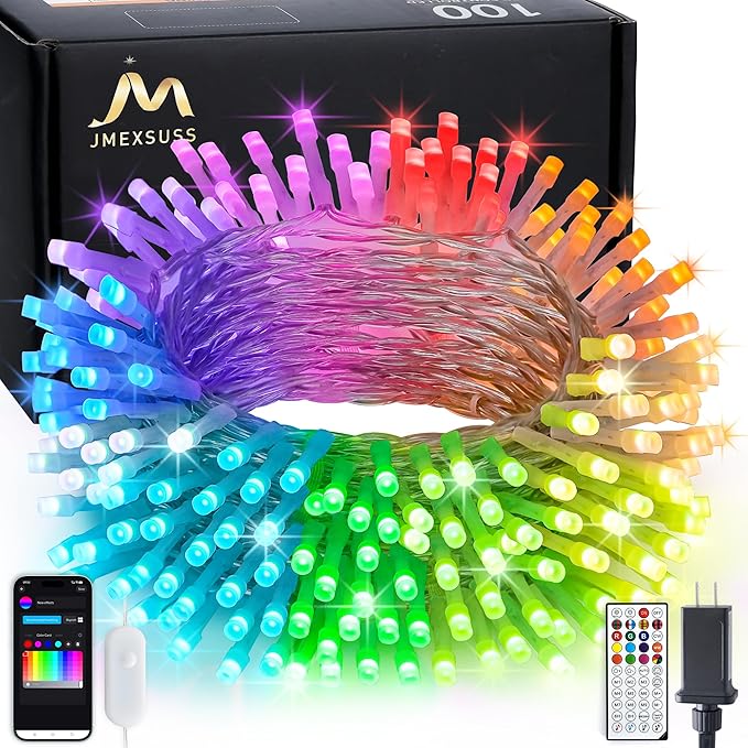 JMEXSUSS 100 LED RGB Christmas Tree Lights Indoor, 33ft Smart Color Changing Christmas Lights Outdoor with Remote & APP, Clear Wire Christmas Lights Plug in for Bedroom Tree Room Party Birthday