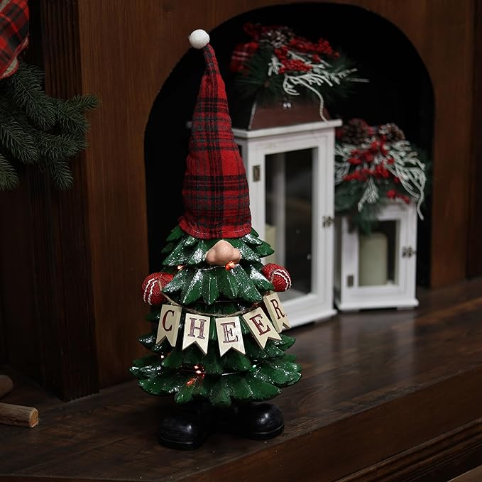 Alpine Corporation 28" H Polyresin Christmas Tree Cheer Gnome Decoration with Color Changing LED Lights, Christmas Decoration