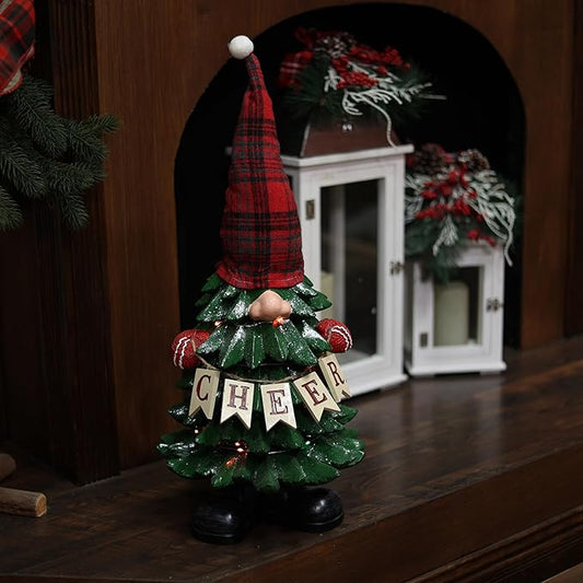 Alpine Corporation 28" H Polyresin Christmas Tree Cheer Gnome Decoration with Color Changing LED Lights, Christmas Decoration