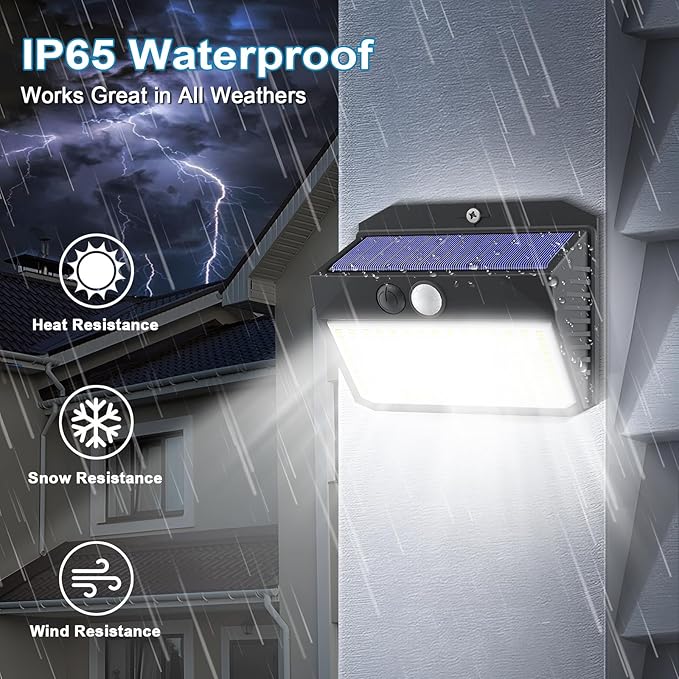 Solar Motion Sensor Fence Lights - Outdoor 4 Pack, 150 LED with 3 Modes, IP65 Waterproof, Solar Powered