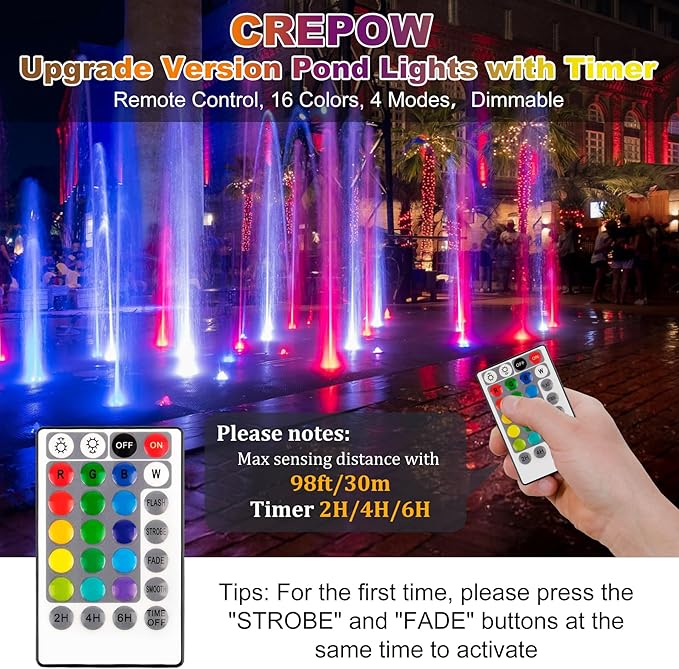 RGB Pond Lights with Timer, LED Underwater Submersible Colorful Landscape Spotlights, 98ft Remote Control IP68 Waterproof Fountain Lights for Fish Aquarium Tank Garden Yard Pool (Set of 2)