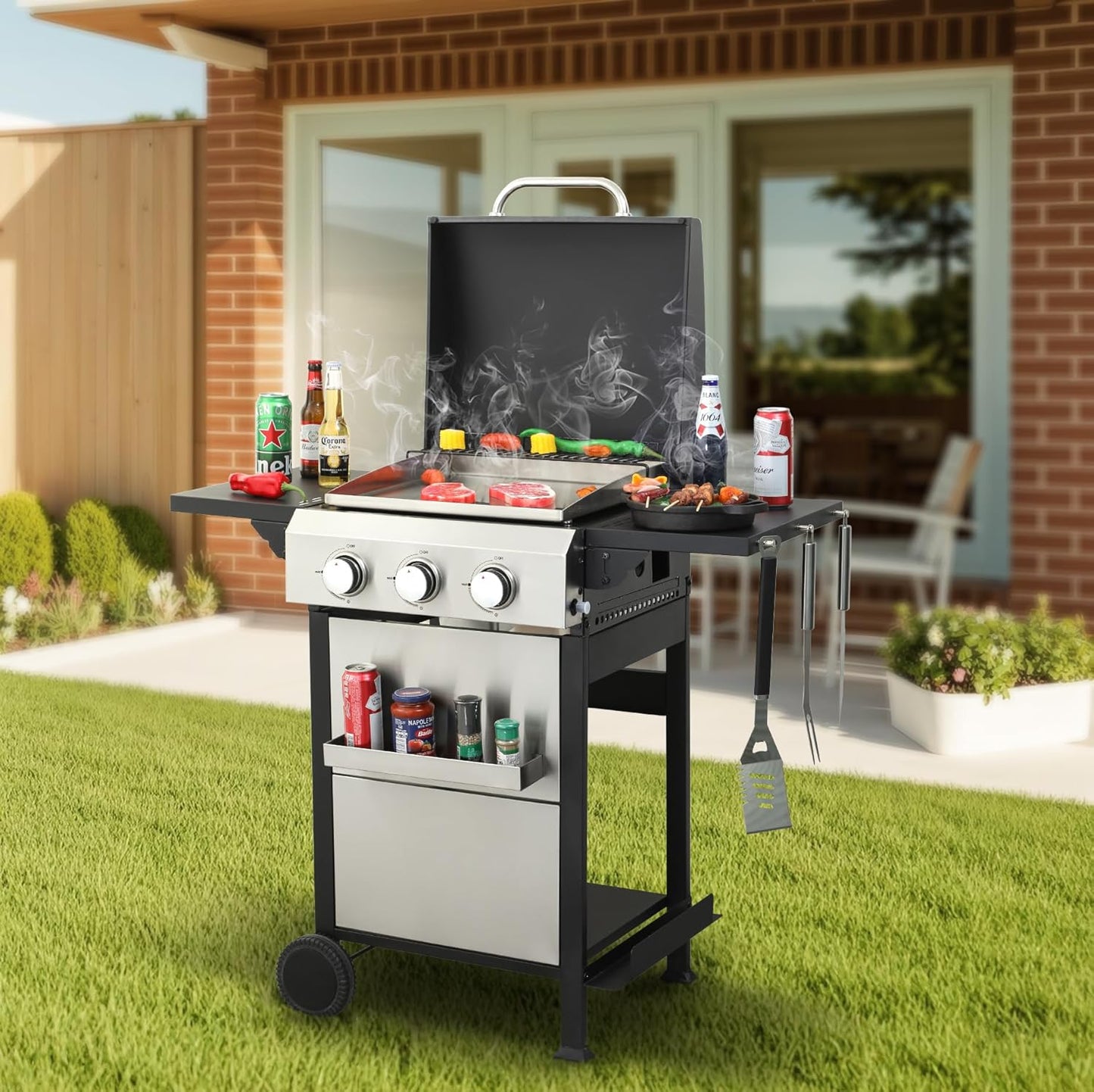 3-Burner Propane Gas BBQ Grill with SS Plancha, 36,900 BTU Output, Wire Enamel Grids, Foldable Side Table and Hanging Basket, Stainless Steel Grill for Patio Use