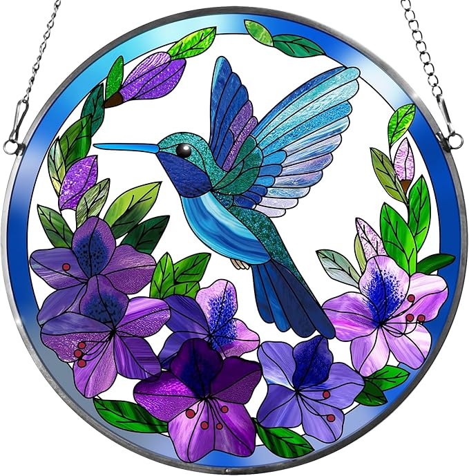 Stained Glass Sun Cather for Window Hanging, 8.6'' Hummingbird Window Ornament for Indoor Outdoor, Hand Painted Stain Glass Gift for Women, Bird Nature Lovers