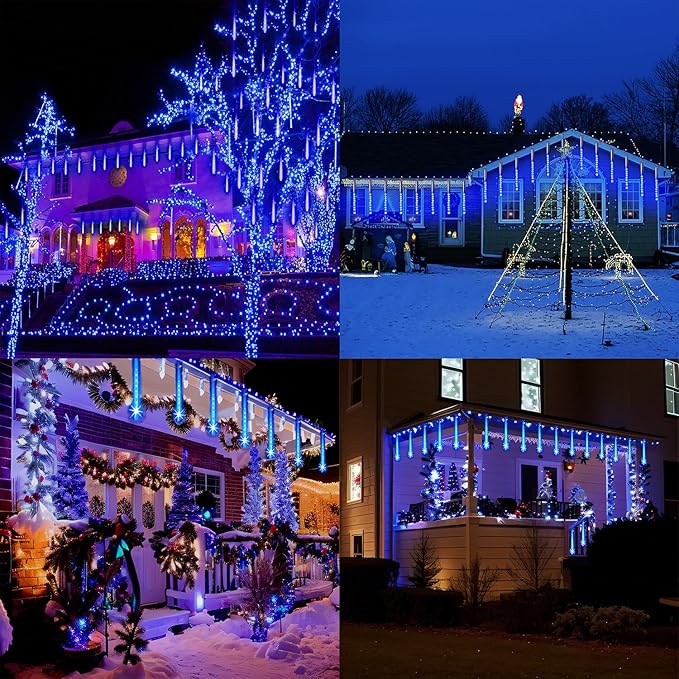 Outdoor Christmas Decorations, 24 Tubes(Equivalent to 3 Sets of 12Inch 8-Tubes) Meteor Shower Lights Snow Falling Icicle Christmas Lights Outdoor for House Tree Halloween Garden Decor, UL Plug, Blue