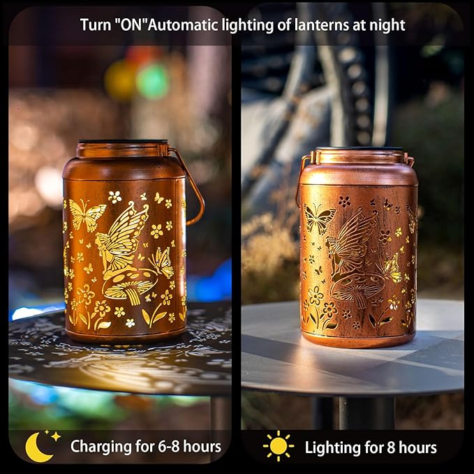 Fairy Solar Lanterns Outdoor Waterproof Hanging Butterfly Lights Hollow Out Metal Lantern Decorative Garden Graceful Light Christmas Decor for Patio,Landscape,Festival Gifts for Women Mom Grandma
