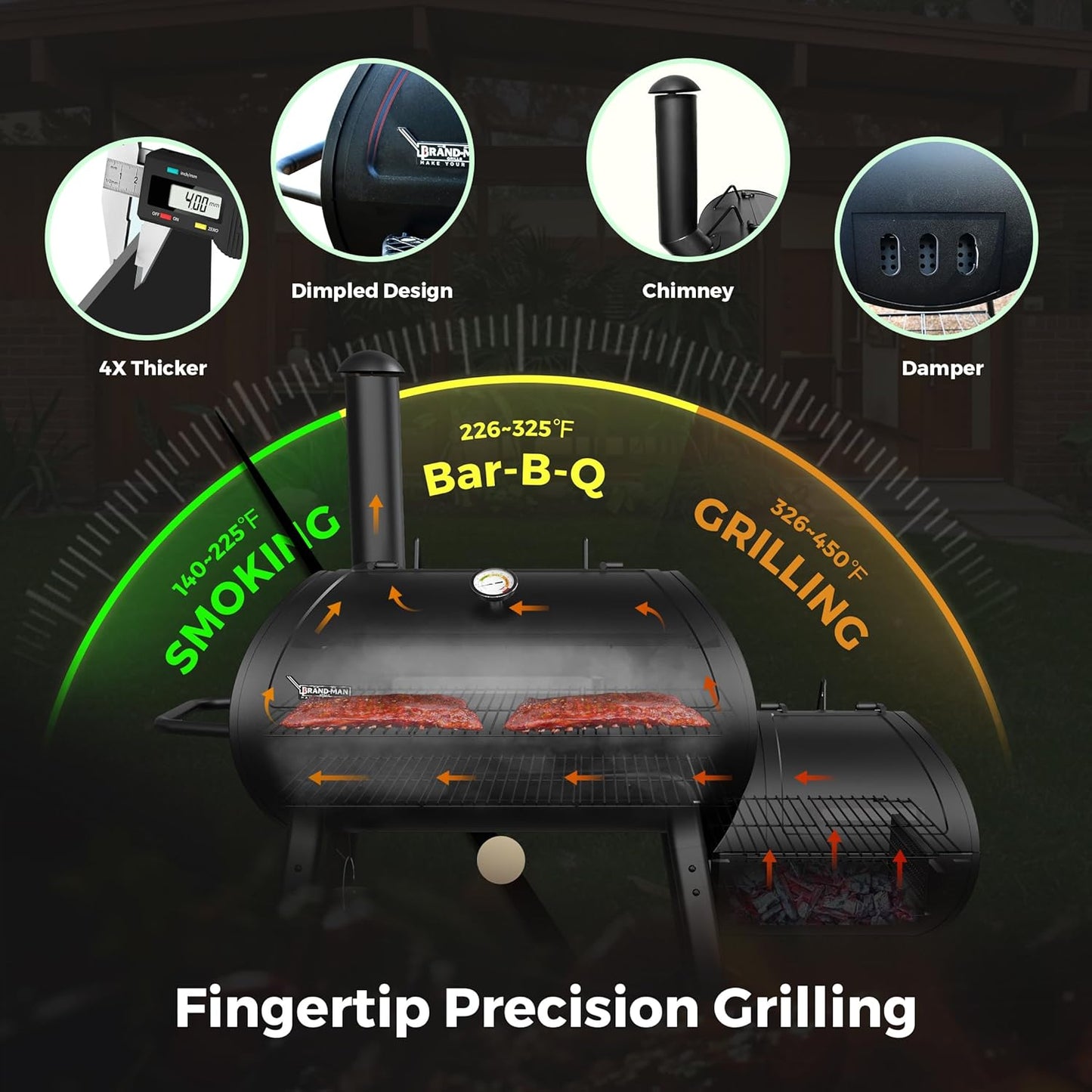Brand-Man Charcoal Offset Smoker Grill, Heavy-Duty Barrel BBQ Grill Smoker Combo with Side Fire Box for Outdoor Patio and Backyard Cooking