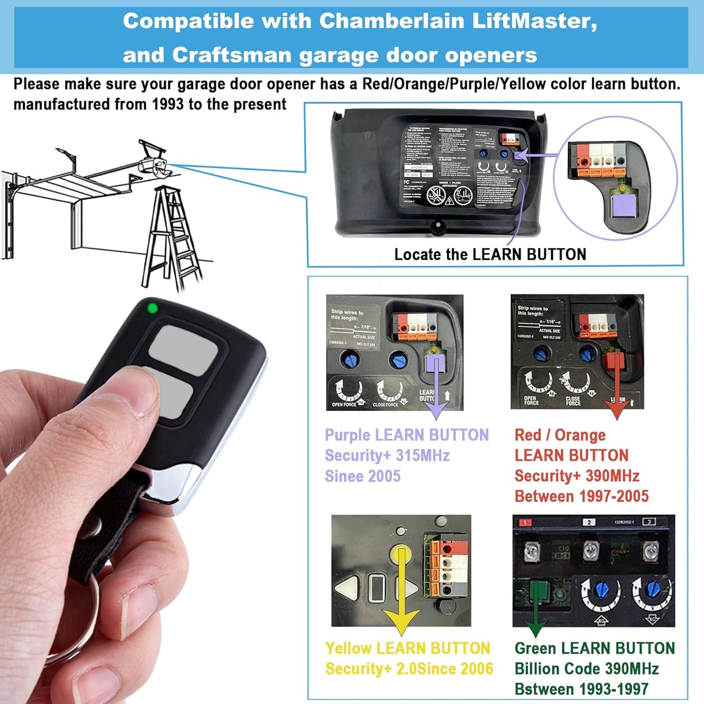 Garage Door Opener Keypad with 2 Garage Door Opener Remote for Liftmaster Chamberlain Craftsman Garage Door Opener Remote Keypad 877MAX 893LM 893Max 971LM 371LM, Purple Yellow Red Orange Learn Button