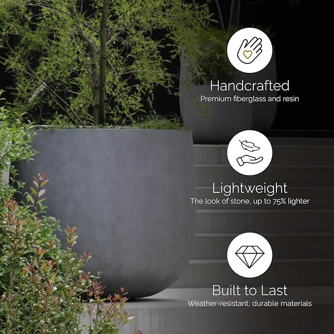Mondo Large Planter – Sand Stone Finish – Fiberglass Indoor/Outdoor and Weather-Resistant Round Planter (26" D x 24" H Exterior, 24.6" D x 24" H Interior)