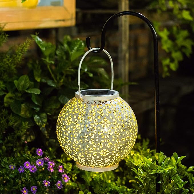 Outdoor Solar Big Lantern Waterproof Hanging Garden Decorative Metal Lights LED Table Lamp,Yard Patio Decor, Christmas Gifts for Mom (White,1Pack)
