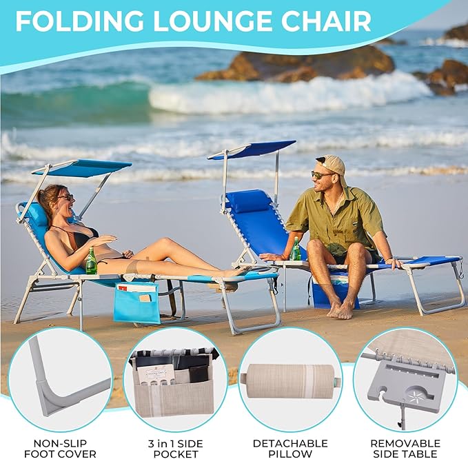 #WEJOY 4 in 1 Tanning Chair with Face Hole & Canopy & Side Table, 5 Positions Adjustable Folding Waterproof Facedown Chaise Lounge with Pillow Quick Dry for Beach Pool Outdoor Camping Patio (Khaki)