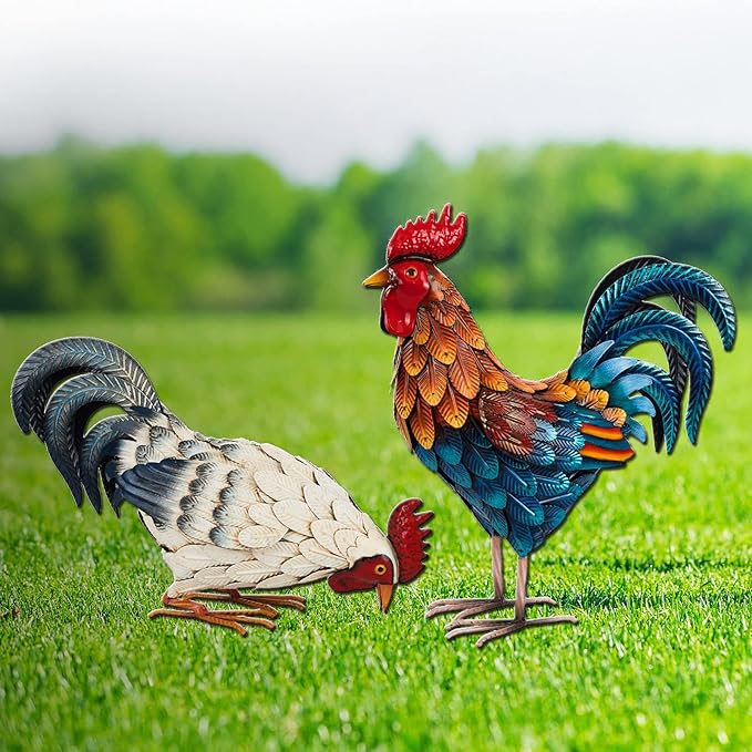 Shorayn Metal Rooster Statues, Outdoor Garden Statues, Metal Chicken Decor, Garden Sculptures & Statues, Chicken Ornaments Yard Art for Backyard Patio Lawn Decorations, Set of 2