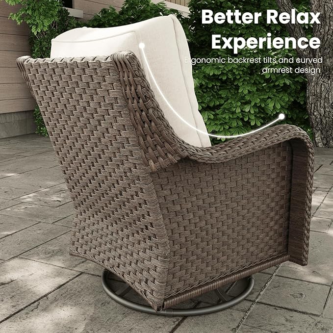 8 Pieces Outdoor Patio Furniture Sets with Rocking Swivel Chairs with 6-inch Thick Cushion and Fire Pit Table for Deck Lawn