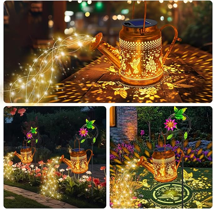 2 Pack Solar Lanterns Outdoor Waterproof,Hummingbird Watering Can Garden Decor,Hanging Solar Path Lights Yard Art,Outside Patio Decorations Gardening Birthday Gifts for Mom Grandma Women (Warm White)