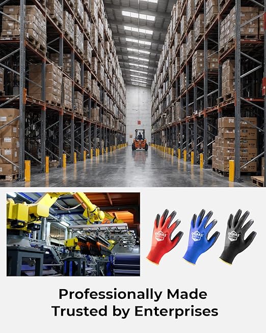 OKIAAS Work Gloves for Men,Ultra Thin and Lightweight Working Gloves with Grip,12 Pairs Bulk Pack Construction Gloves with Polyurethane Coating,Safety Gloves for Light Duty Work (Black, Large)