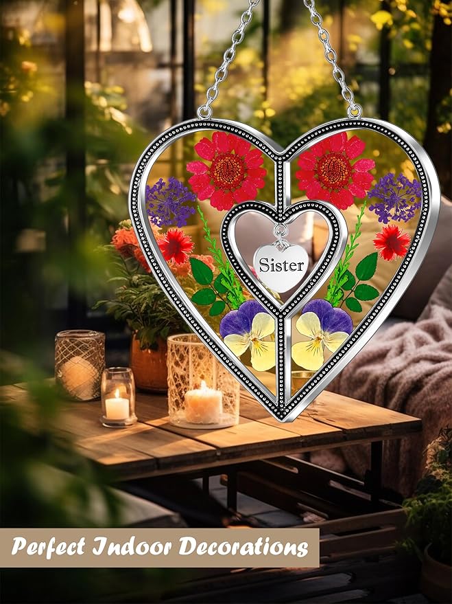 KY&BOSAM Heart Suncatcher Sister Stained Glass Panels Hangings for Windows Sun Catchers with Pressed Real Flower Heart in Glass Birthday Gifts for Women Mothers Day Home Garden Christmas Ornament