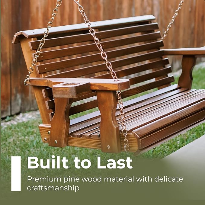 Amish Casual 5 Foot Roll Back Porch Swing with Cup Holders in Semi-Solid White Stain - Amish Made in The USA from Treated Pine Heavy Duty 700 Lb. Weight Capacity