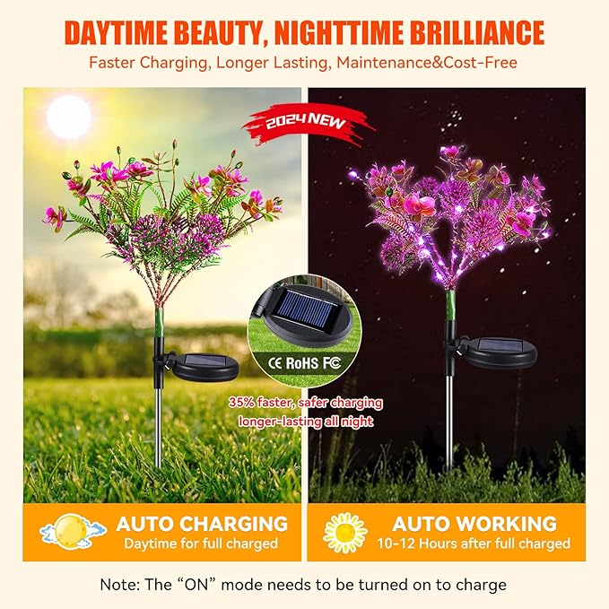 Neporal Solar Garden Lights, 4PK Purple Phalaenopsis Solar Flowers Outdoor Waterproof, Solar Lights Outdoor Decorative for Garden, Yard Decor,