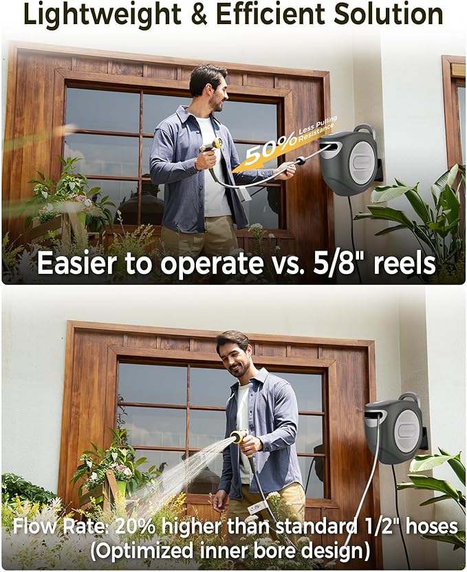 Retractable Garden Hose Reel 1/2 in x 85 ft Upgraded UV Resistant Heavy Duty Automatic Hose Reel Wall Mount 3/4 in Brass Fitting 9 Pattern Nozzle Any Length Lock Slow Retraction