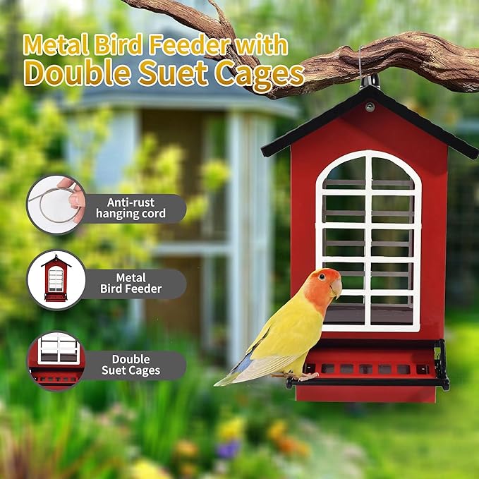 Bird Feeder Squirrel Proof Metal Hanging for Outdoor Wild Bird Seed, 5LBS with Bilateral Weight-Activated Perches, Heavy Duty Bird Feeders for Outside Wild Bird - Red