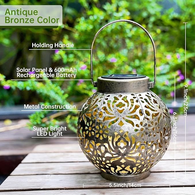 Set of 2 Outdoor Solar Hanging Lantern Lights Metal LED Decorative Lamp for Garden Patio Courtyard Lawn and Table with Hollowed-Out Design (Antique Bronze)