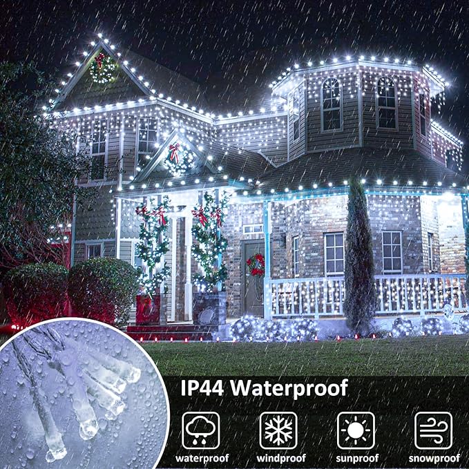 Icicle Lights for Outside, 33FT 400 LED Icicle Christmas Lights with 8 Modes 75 Drops, Waterproof Plug in Curtain String Lights for Outdoor Indoor House Yard Roof Wedding Decorations, White