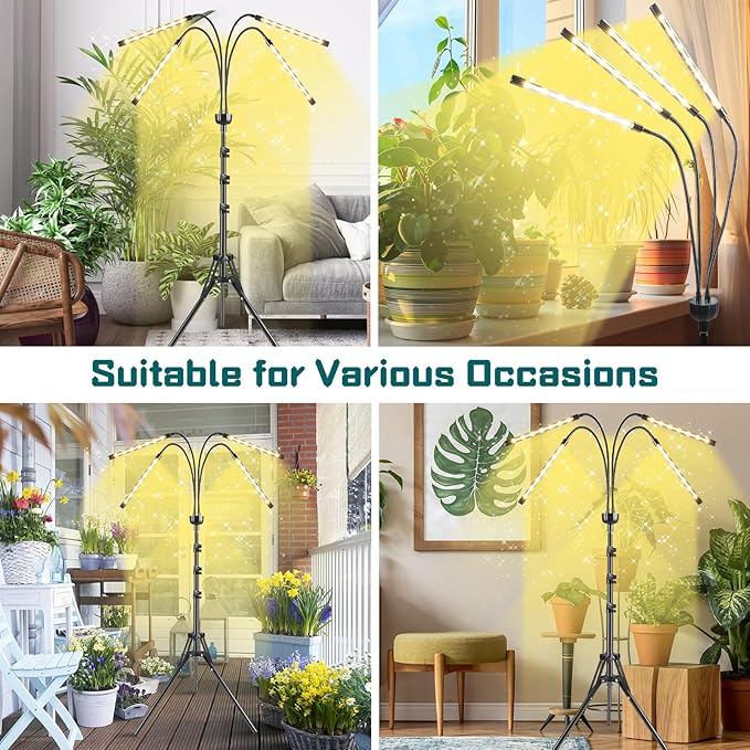 Grow Lights for Indoor Plants Full Spectrum with 15-63 inches Adjustable Tripod Stand Plant Light with 4/8/12H Timer with Remote Control