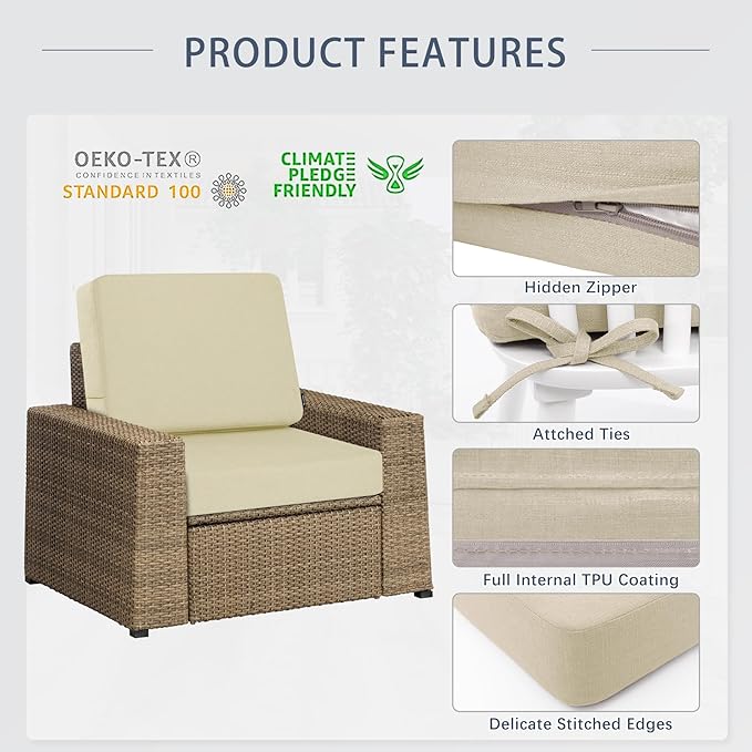 Favoyard Outdoor Deep Seat Cushion Set, 22 x 22 Inch Rainproof & 3-Year Fade Resistant Patio Furniture Cushions, Removable Seat Bottom & Back Cushion Covers with Ties for Chair, Sofa, Couch, Beige