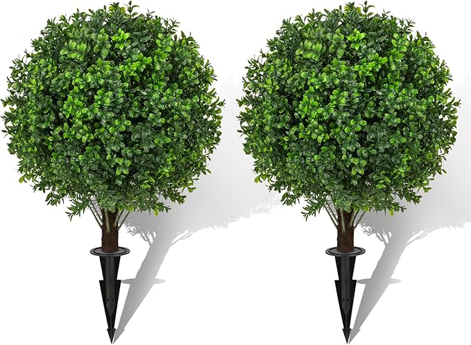 22" Artificial Boxwood Topiary Ball Trees with Ground Spike Set of 2 - UV Resistant Faux Green Shrubs & Bushes Potted Plants for Outdoor Indoor Front Porch Garden