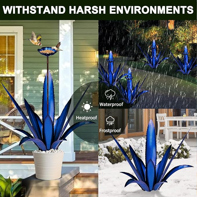 Upgraded Large Metal Yard Art, Metal Agave Plant Yard Decorations Outdoor Sculpture, Metal Flowers for Outside, Waterproof Outdoor Garden Decor (Blue+ Bird Feeder)