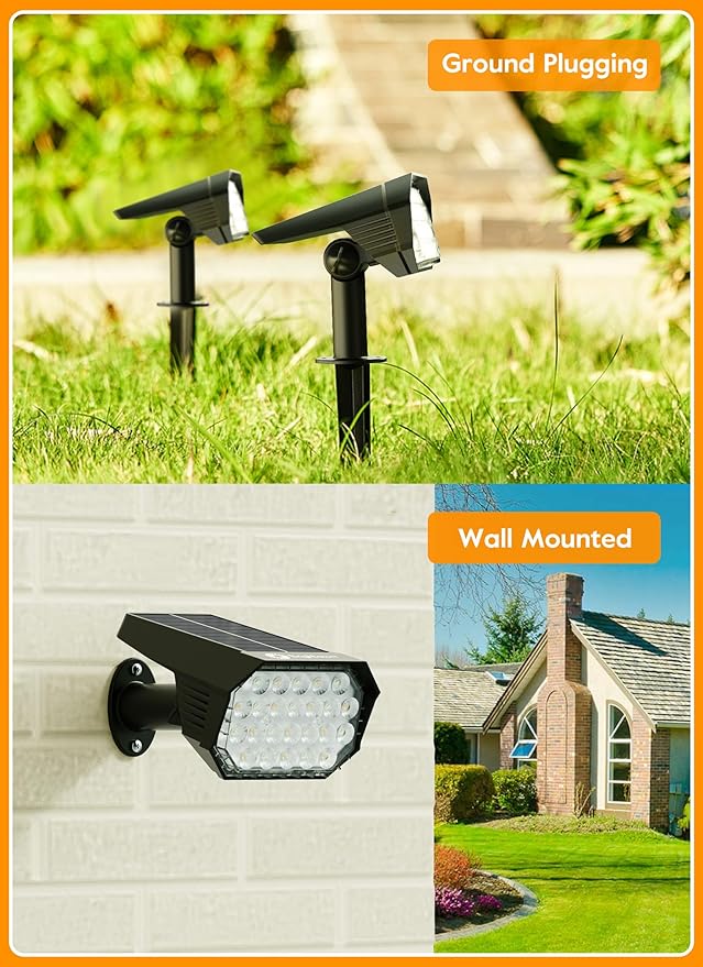 Brightown Solar Lights Outdoor Waterproof IP67, [Cool & Warm Light 2-in-1] Solar Spot Lights Outdoor, 2 Colors 3 Brightness Levels LED Outdoor Solar Lights for Yard Pathway Garden House, 4 Pack